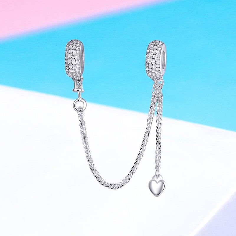 ARTCHARM Heart Safety Chain Charm 925 Sterling Silver Beads fit European Charms Bracelet & Necklace (Love Safety chain) - Image 2